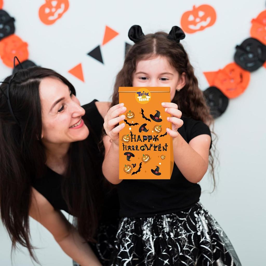 WOONOO 50PCS Halloween Treat Bags Candy Bags for Halloween Party, 10 Styles Paper Halloween Goodie Bags for Party Favors with 50PCS Stickers,