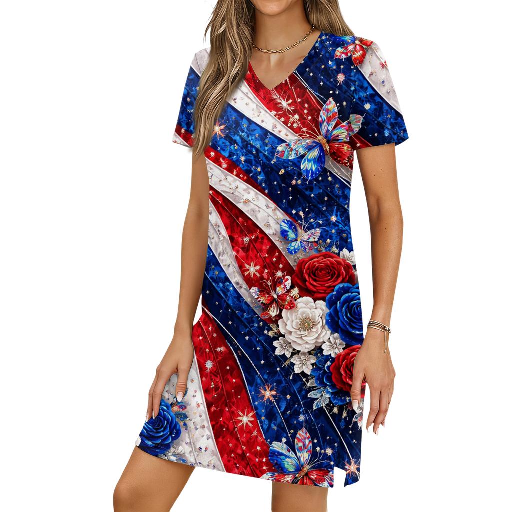 Women's Casual V-neck Short Sleeve Split Hem Independence Day Printed Dress
