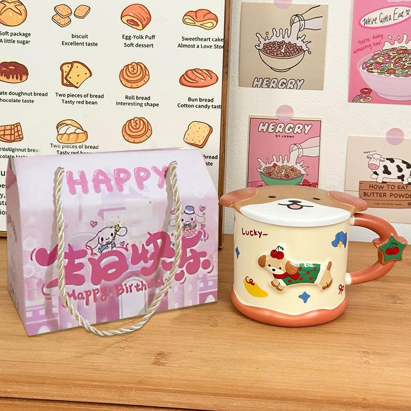 Smart Dachshund Dog Ceramic Cup Mug with Lid Student Water Cup Home Souvenir Birthday Gift Couple Cup