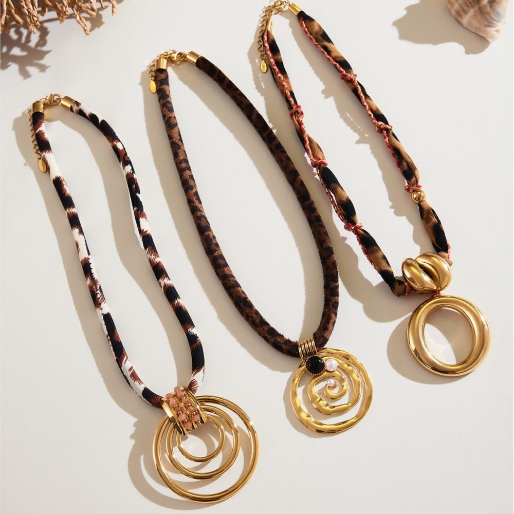 Trendy Leopard Print Fabric Lanyard Charm Necklaces 18k Gold Plated Stainless Steel Pendant Necklace Statement Jewelry For Women