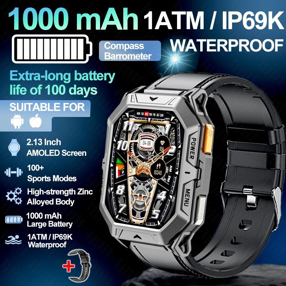 New 1000mAh Battery Smart Watch 2.13-Inch AMOLED Screen Men's Watch Compass 10ATM Waterproof Bluetooth Call Sports Smart Watch