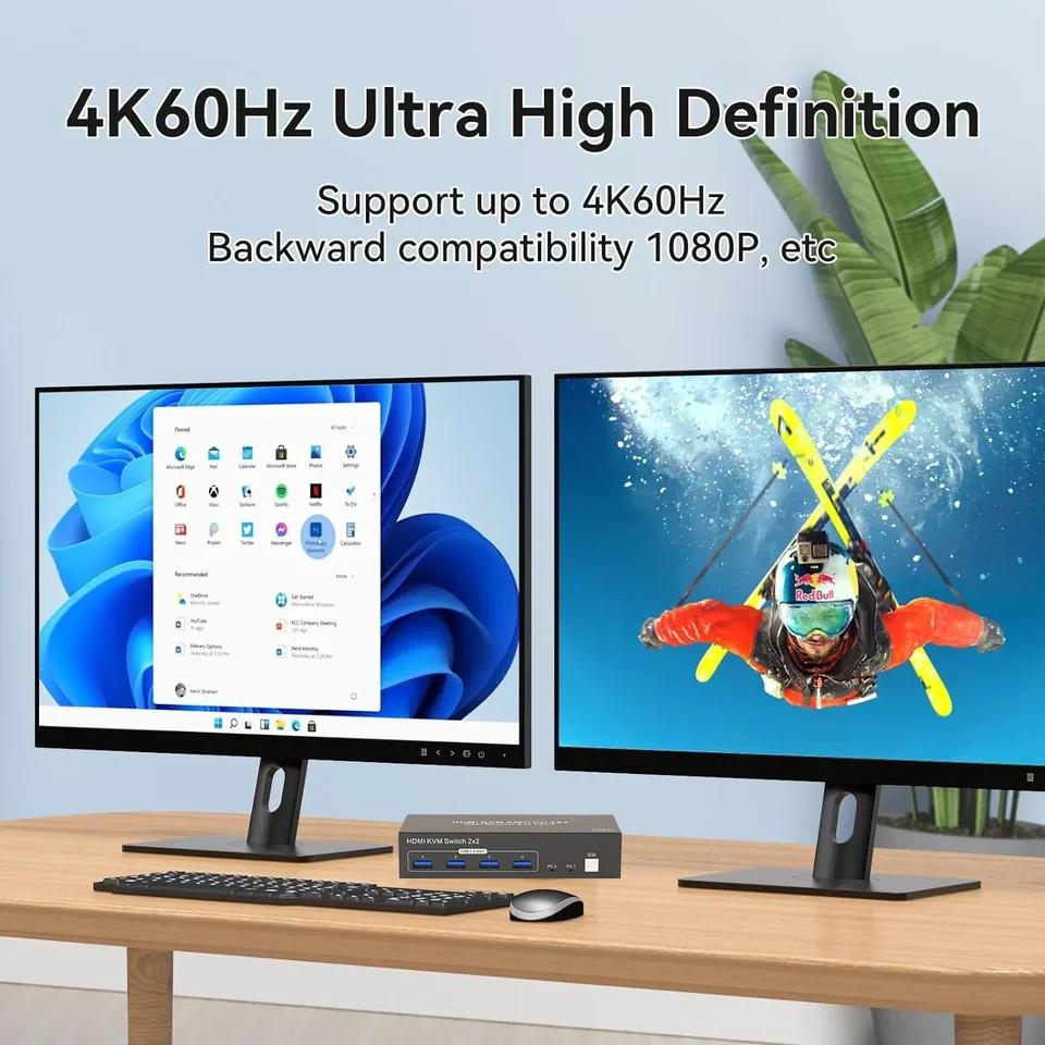 2X2 2 HDMI Port KVM Switch Dual Monitor 4K 60Hz for 2 Ports Extended Display USB 3.0 2-in-2 PC Mouse Keyboard