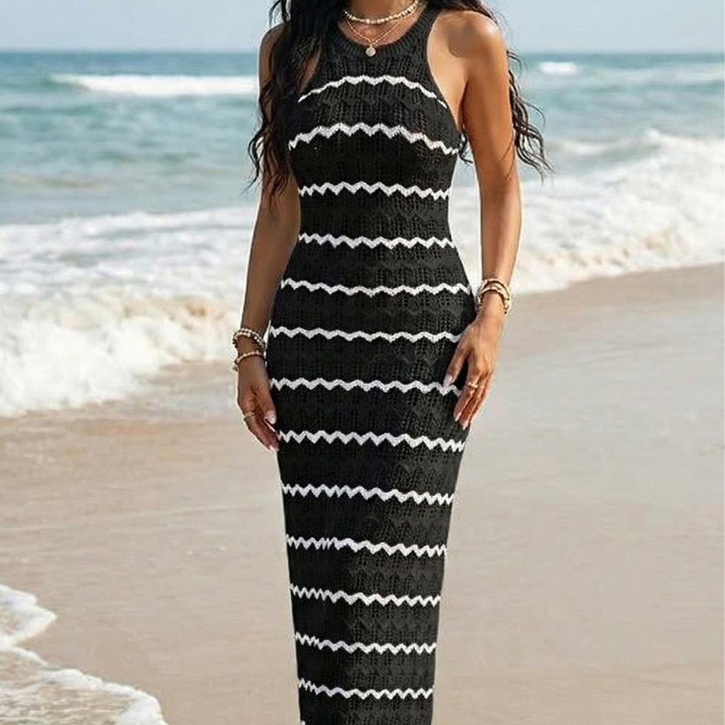 Sexy and Hot Sleeveless Top Dress with Open Stripes, Beach Cover-up, Full-skirted Dress for Women
