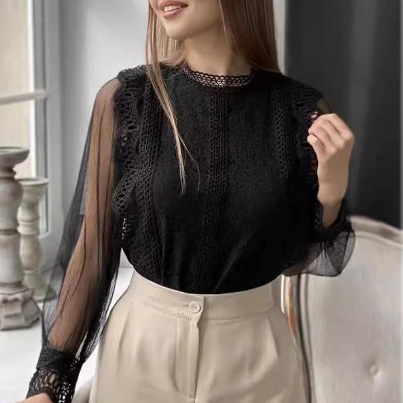 

Новая Элегантная Сетчатая Блузка с Длинным Рукавом и Кружевом Женская Однотонная Топ с Круглым Вырезом Женская Свободная Рубашка Повседневная Милая Офисная Весна Осень Одежда с Вырезами S чёрный