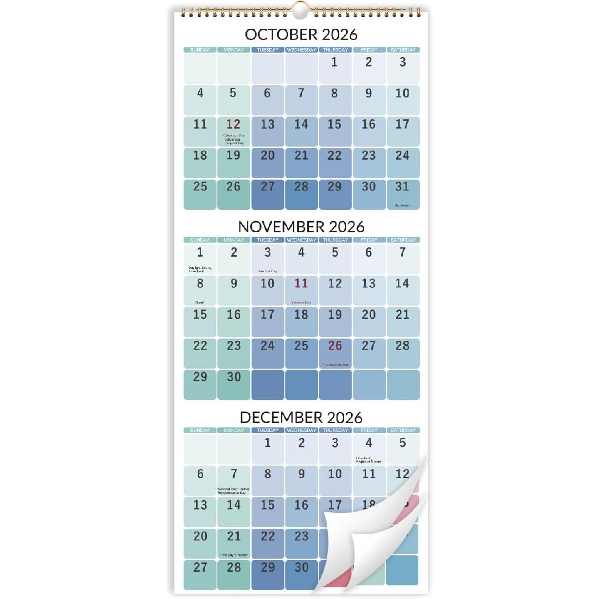 2026 Wall Calendar - 3 Month Wall Calendar 2026 Vertical, Dec. 2025 - Jan. 2027, 11.3 x 26 , Calendar 2026, Lay - Flat, Holidays, Blocks 3 Month Wall Calendar 202