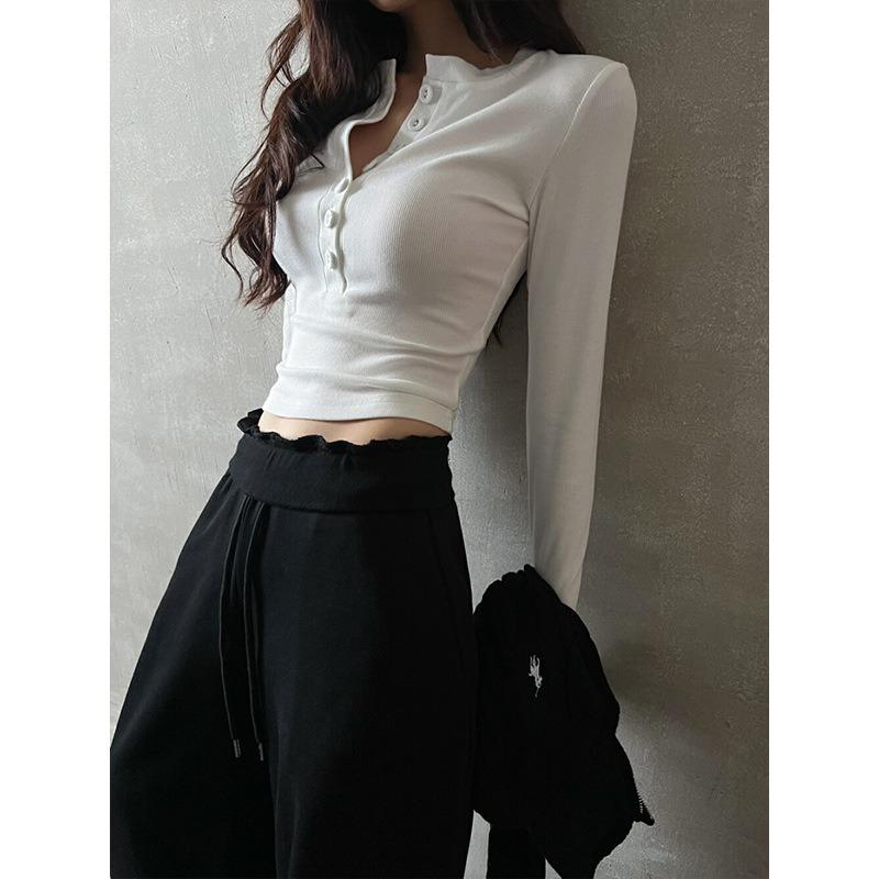 White bottoming shirt women's spring new single-breasted front shoulder slim-fitting Spice Girl long-sleeved T-shirt top trendy