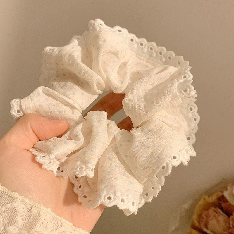 

New Lace Polka Dot Scrunchies Fairy Girl Student Oversized Elastic Hair Bands Korean Women Elegant White Pink Hair Tie Rope белый