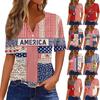 Damenmode Lässig Unabhängigkeitstag Druck V-Ausschnitt Kurzarm Knopfleiste T-Shirt Top