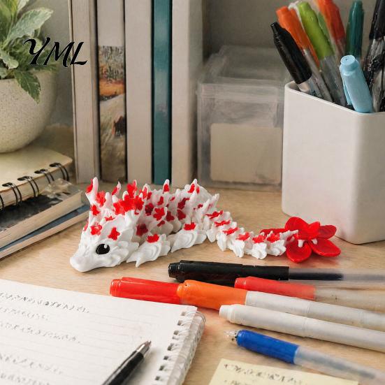 3D Printed Dragon Sculpture Cherry Blossom Toy, Articulated Flower Figurine, Stress Relief Fidget Toy Movable Joints Mythical Creature Model for Desk