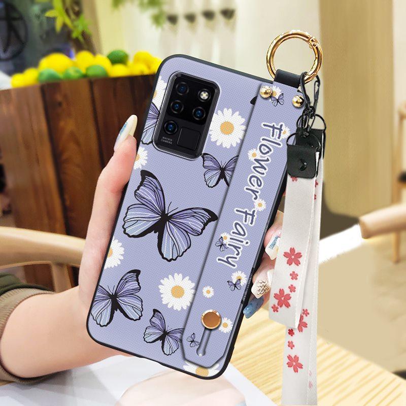 Waterproof Durable Phone Case For Oukitel C21 Wristband Wrist Strap Shockproof Silicone Kickstand Protective Ring Flower