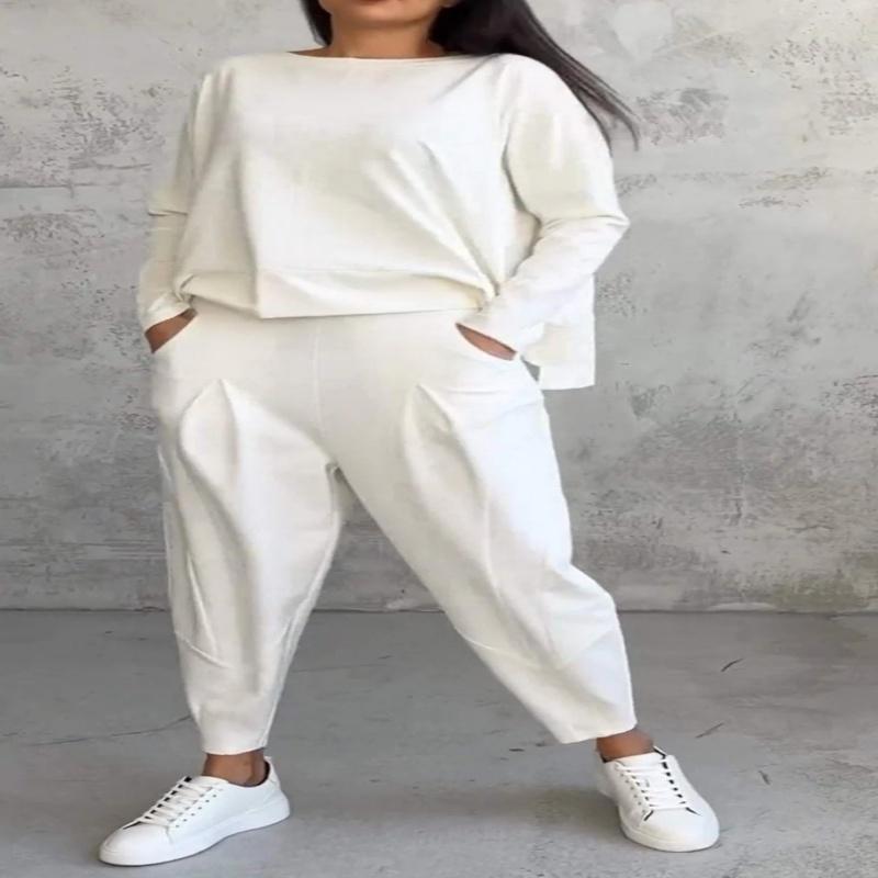 Women's Trousers Suit O-neck Long Sleeve Loose T-shirt Solid Color Trousers Pocket Simple 2-piece Set Loungewear
