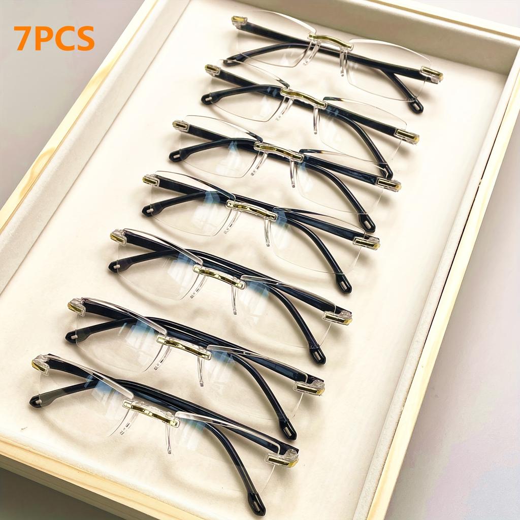 7-Pack Vintage Style Rimless Reading Glasses - Rectangular Frame Blue Light Blocking Anti-Fatigue Unisex Lightweight PC