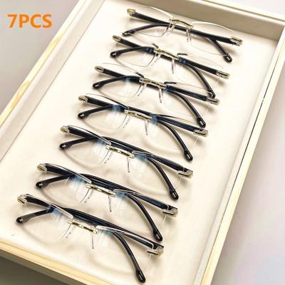 7-Pack Vintage Rimless Reading Glasses Blue Light Blocking Anti-Fatigue Unisex Lightweight PC Rectangular Frame