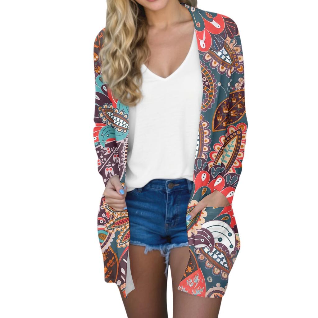 Women's Fashion Casual Comfort Floral Print Mid-Length Cardigan Jacket