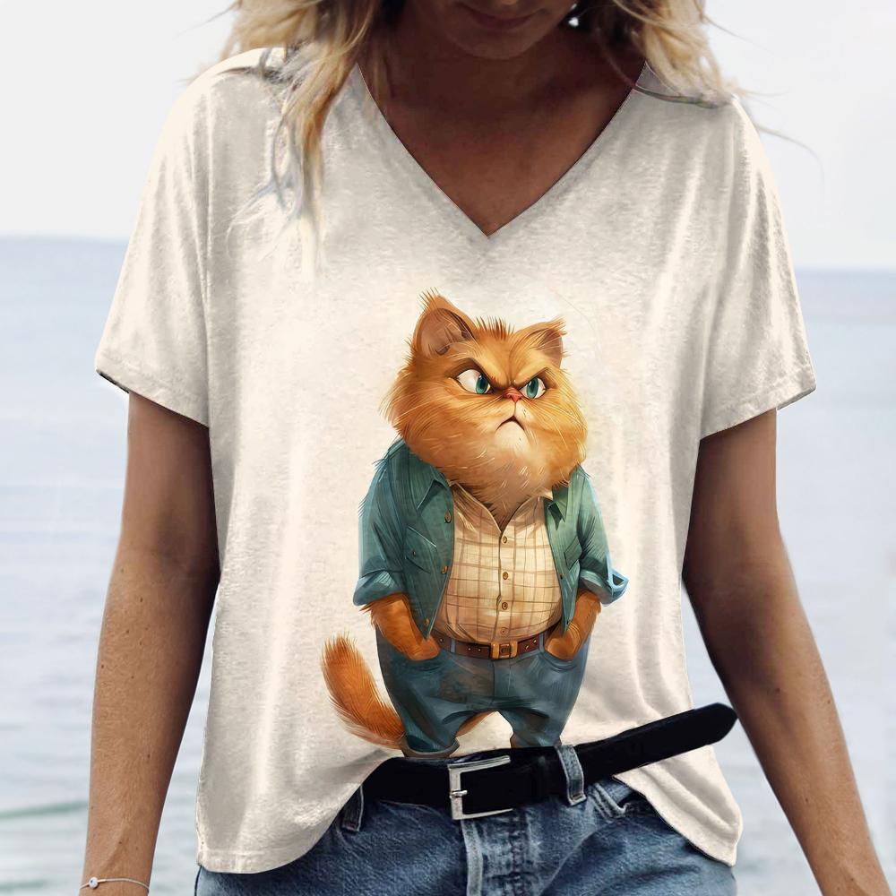 Animacinės katės spaudiniai Moteriški marškinėliai Mielas pilvo katės raštas Laisvalaikio trumpos rankovės Vasaros mados marškinėliai Laisvi moteriški drabužiai Viršus