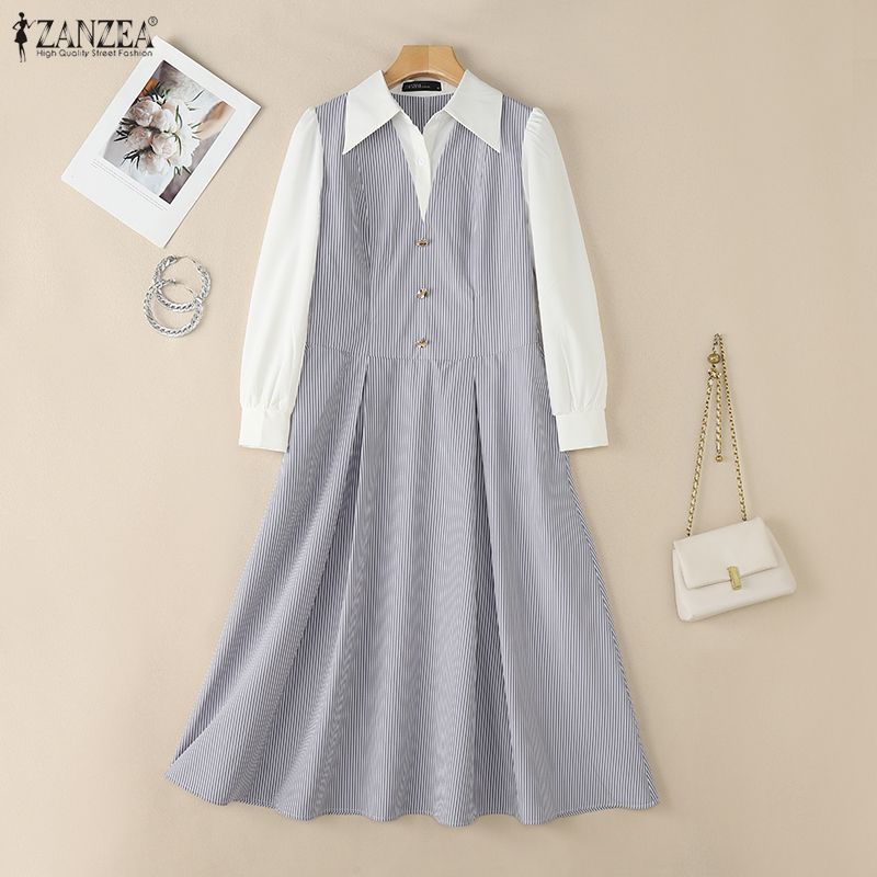 ZANZEA Women Casual Turn Down Collar Long Sleeve Elegant Stripe Dress