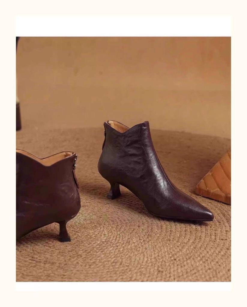 Women's V-Cut Stiletto Heel Ankle Boots, Pointed Toe, Fleece-Lined, Back Zipper - 2025 Autumn/Winter Collection.