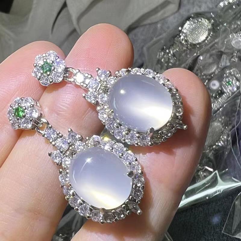 Natural High Ice Chalcedony Three-Piece Set White Ice Chalcedony Pigeon Egg Pendant Ring Earrings Jade Jewelry Gift Set