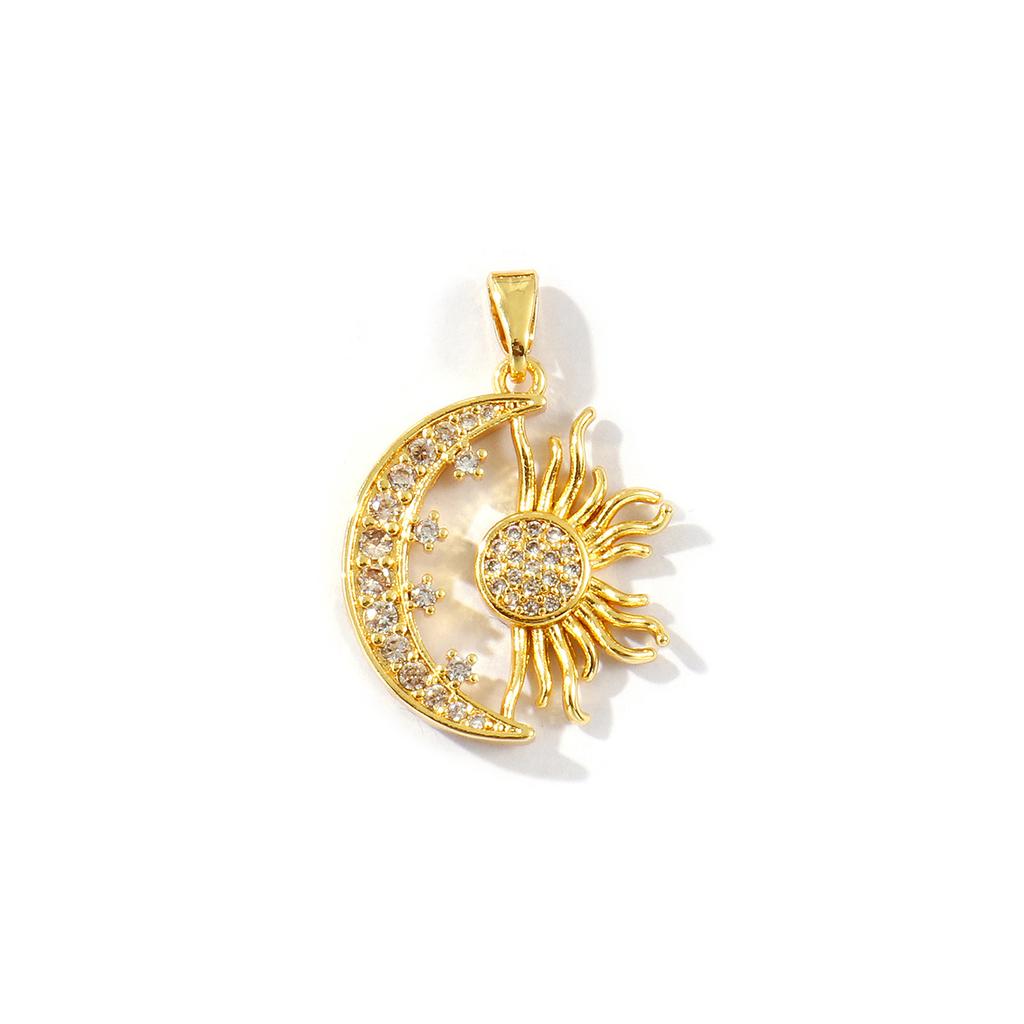 1 Pc Waterproof 304 Stainless Steel & Rhinestone Charms 18K Gold Plated Micro Pave Hollow Radial Sun Moon Pendants Necklace DIY