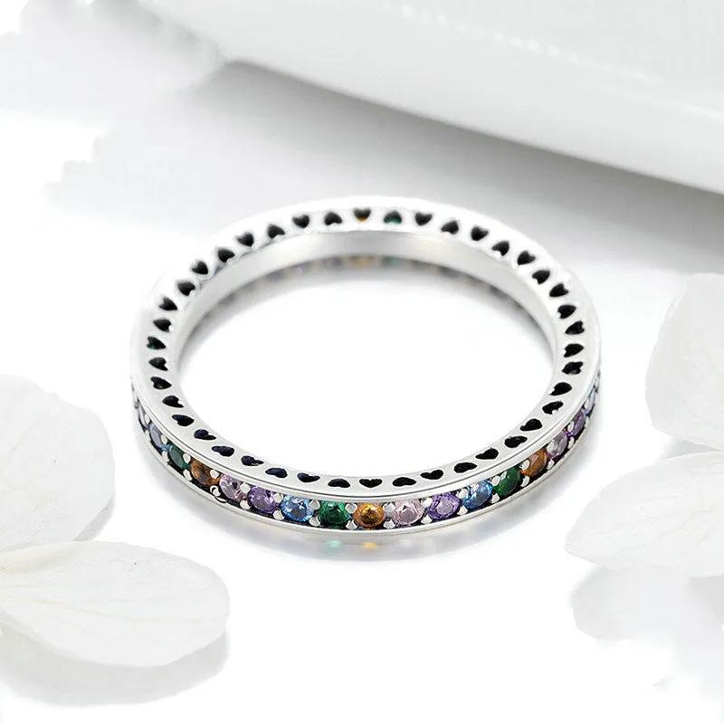 Copper Inlaid Zircon Full Inlaid Colorful Zircon Rainbow Ring Simple and Niche Design Sense Single Row Simple Ring Wholesale
