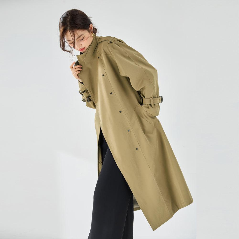 Qiuxin handsome stand-up collar, vertical and not easy to wrinkle fleece feeling, leather commuting casual medium and long trench coat 23066