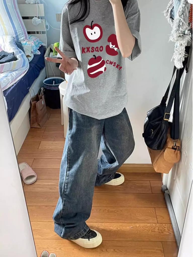 2025 Summer Women's Pure Cotton Oversized Short Sleeve T-Shirt in American Style