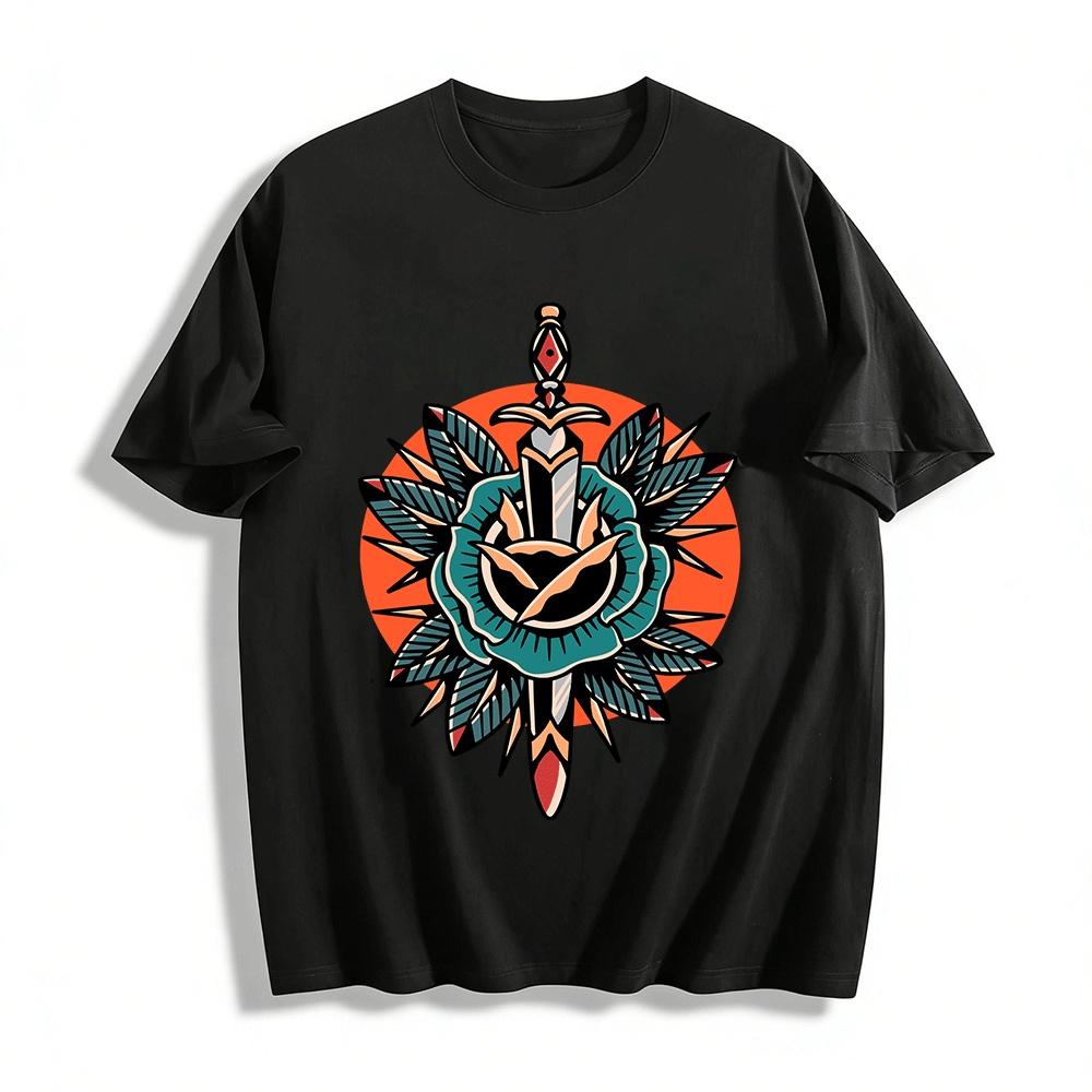 

Vintage Rose Dagger Traditional Tattoo Print Casual Tee Pure cotton T-shirt XXS