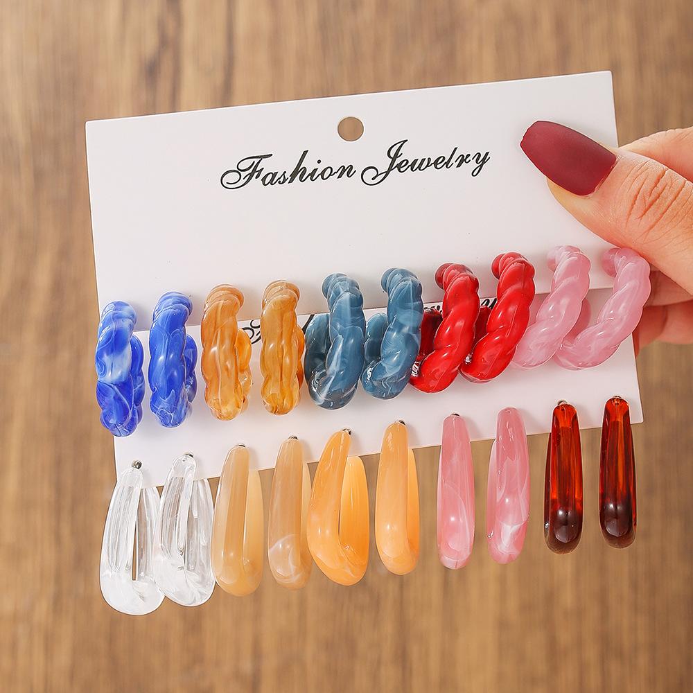 Fashion Earrings Versatile Premium French Smudge Color Niche Resin Earrings Set Irregular Square Earrings