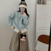 Korean Retro Color Block Striped Knit Cardigan for Women - Single-Breasted Petite Sweater Coat for Autumn/Winter