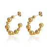 18K Gold-Plated C-Shaped Stainless Steel Earrings, Round Beads, Waterproof, Colorfast, Half Circle Stud Design.