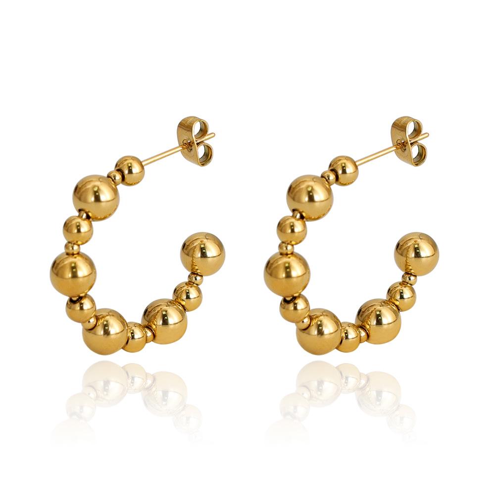 18K Gold-Plated C-Shaped Stainless Steel Earrings, Round Beads, Waterproof, Colorfast, Half Circle Stud Design.