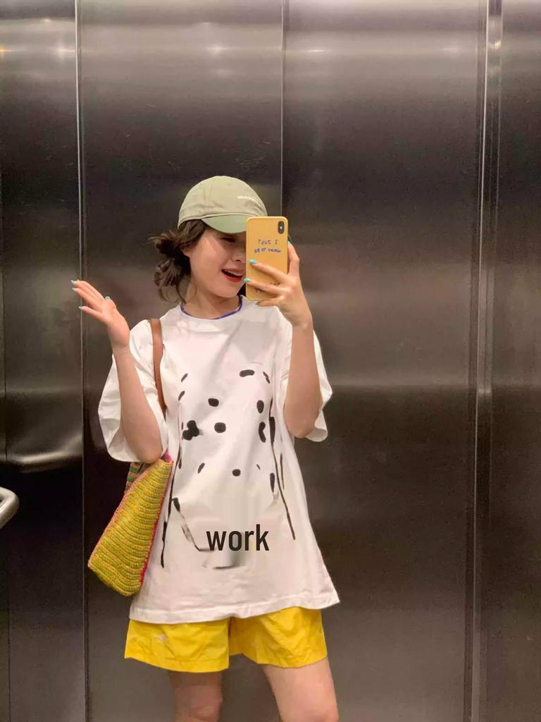 2025 Summer Women's Heavyweight Cotton Straight Shoulder Loose Half Sleeve T-Shirt