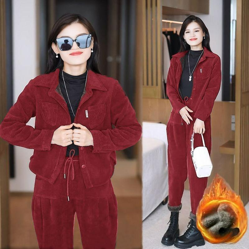 

Winter Plus Velvet Thickened Casual Suit Women s Fashion Western Style Small Ladies Sportswear Two-piece Suit S красный