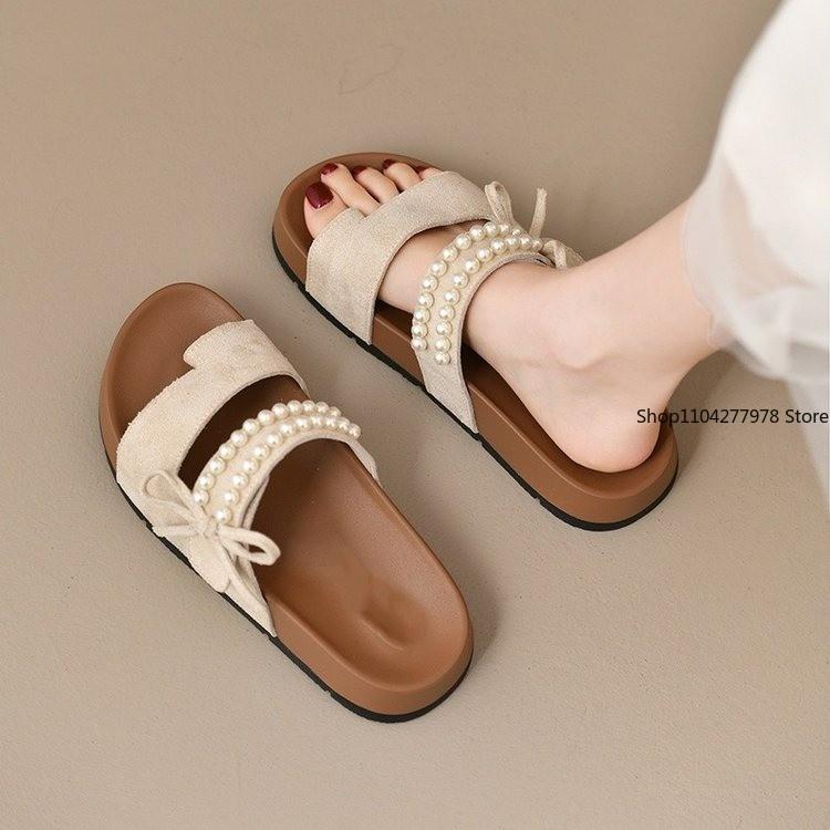 Fashion French Pearl Platform Slippers Women's Summer 2025 New Sandals Open-toe Cool Breatheable Princess Shoes Mules Female