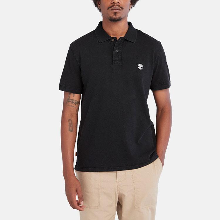 Timberland Solid Color Button Short Sleeve Polo Shirt Men tops Black A6R29001