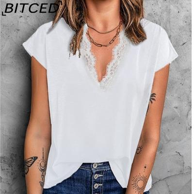 Summer Solid Color V-neck Chiffon Lace Short T-shirt Loose T-shirt Women Summer