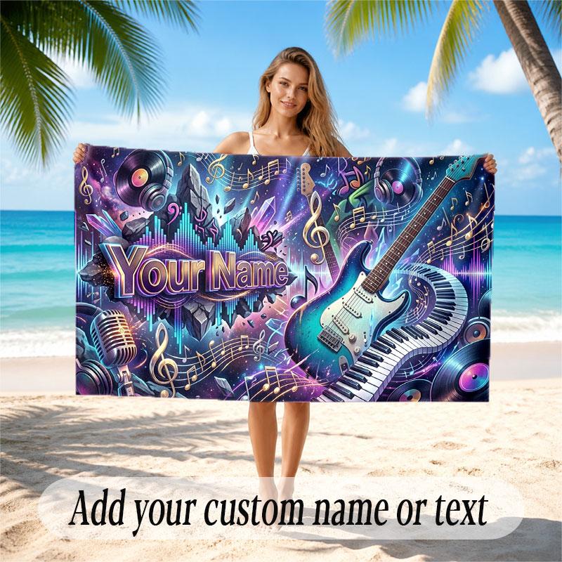 Music Guitar Theme Beach Towel Personalized Custom Name & Text Soft Quick Dry Beach Towel for Swimming Travel