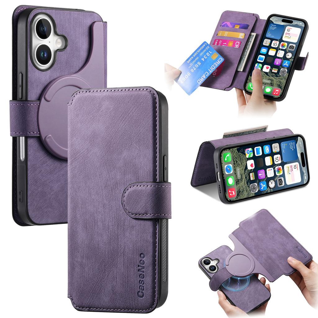 For iPhone 16 Magnetic Case CASENEO Detachable Leather Phone Wallet Cover