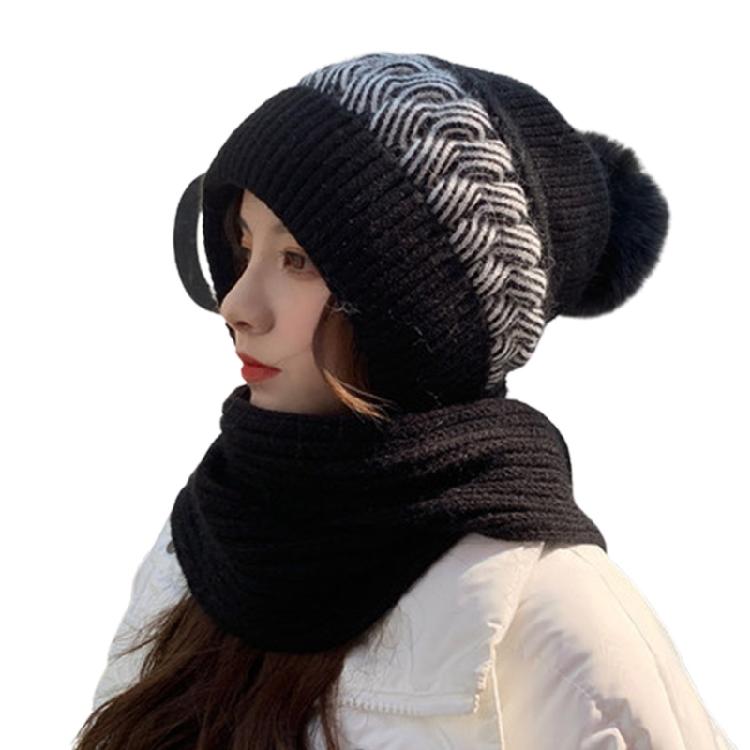 Women Korean Style Scarf Student Hat Integrated Earmuffs Cap Sleeve Plush Winter