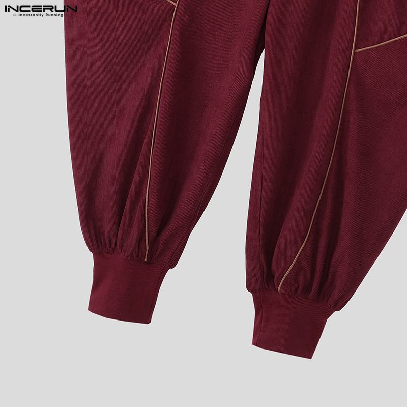 INCERUN Men Elastic Waist  Stitching Casual Long Texture Drop-crotch Pants Trousers