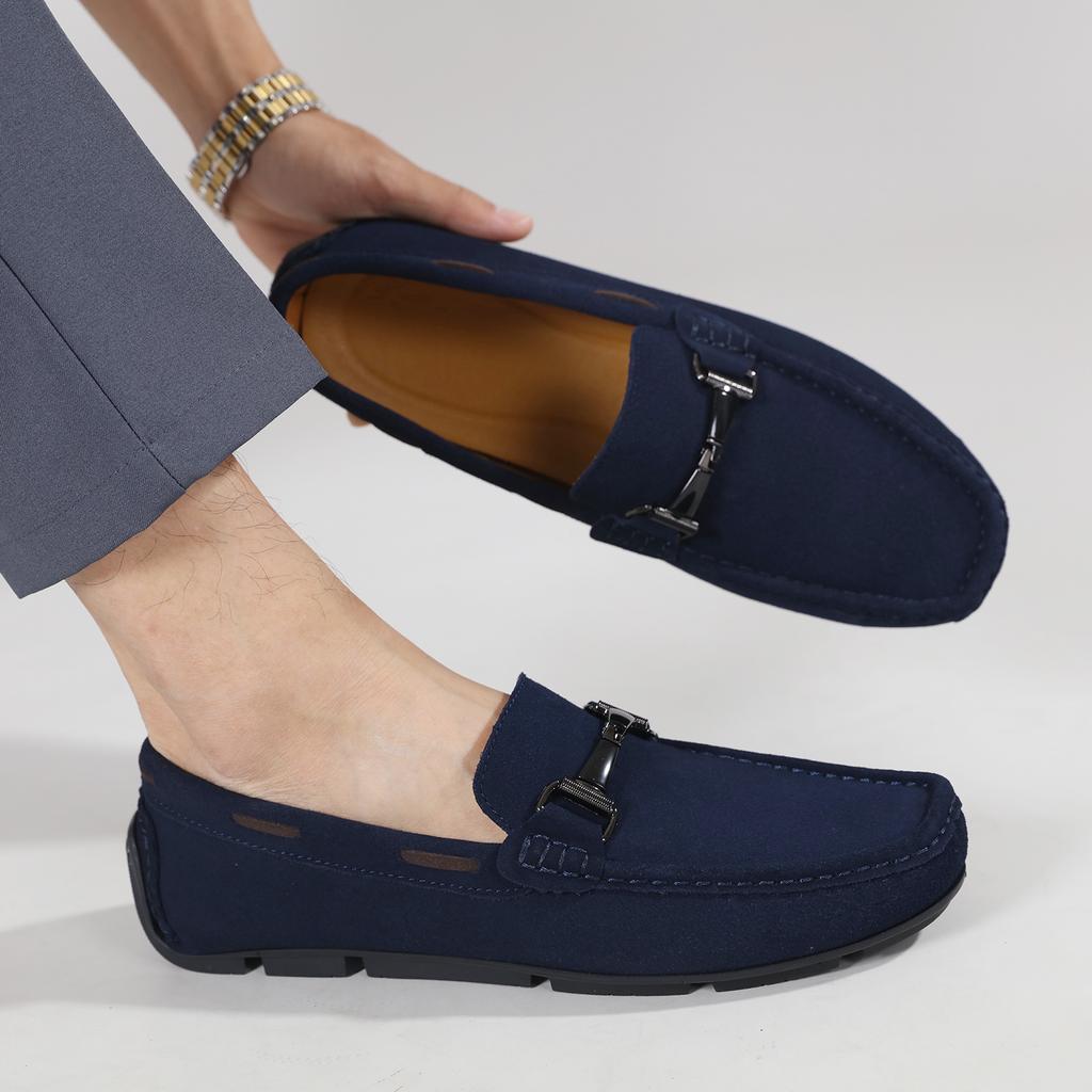 Suede Leather Men's Business Casual Shoes Handmade Rubber Bottom Loafers Leisure Slip On Flats Outdoor Male Driving Moccasins