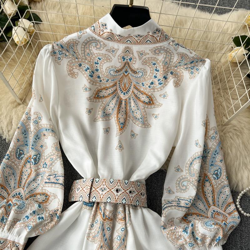 Hikigawa Chic Móda Ženy Elegantní Stojáček S límcem Přepásaný Úzký Pas Šaty Vintage Single Breasted Print Vestidos Mujer