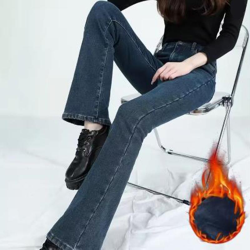Winter Fleece Women's Flare Pants Retro Slim High Waist Elastic Thick Warm Denim Pants Fashion Korean Clothes