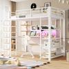 IJzeren Stapelbed 90×200 cm, met Geperforeerd Paneel, Bureau met CEE-stopcontact, Meerkleurige LED-verlichting, Opbergvakken, Plank, Ladder, Enkel Bed, Wit