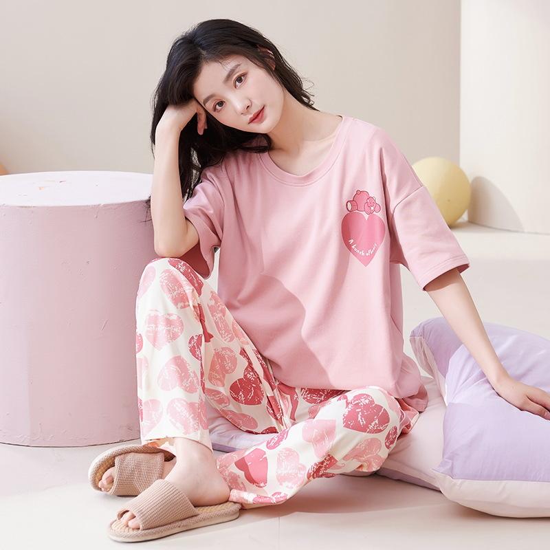 Summer Pure Cotton Pajamas Women's Pullover Sweet Casual Short-sleeved Cropped Pants Can Be Worn Outside Loungewear Student Dormitory Set