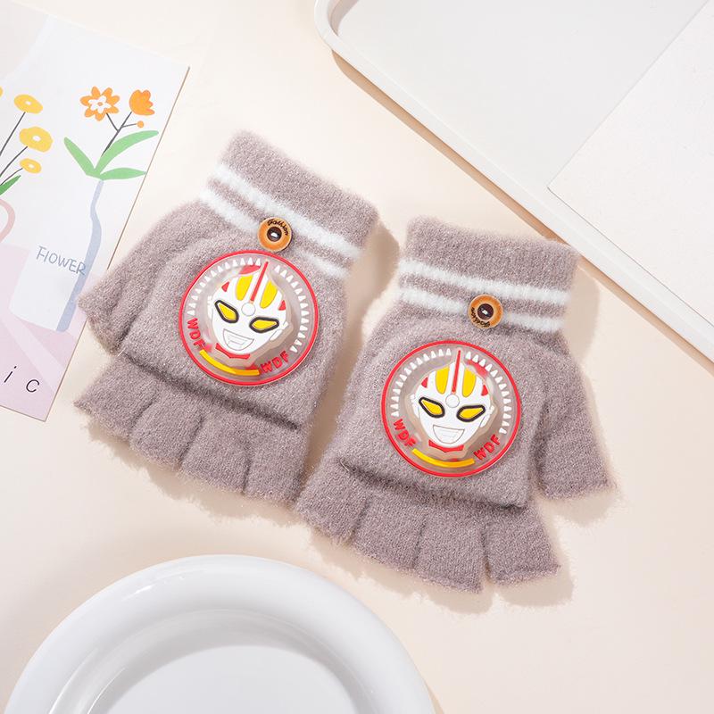 Kids' Cartoon Knitted Flip-Top Fingerless Winter Gloves - Unisex, Warm, Velvet-Lined, Thickened