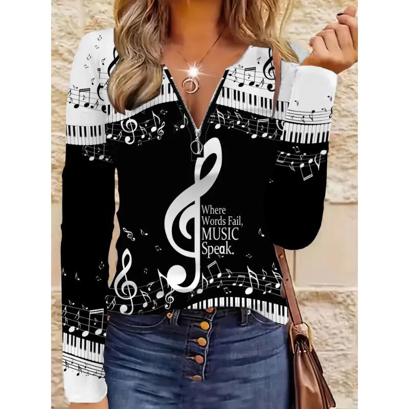 Women's Elegant Printed Zipper Long-sleeved Top, Stylish and Versatile for Autumn and Winter Casual and Office Wear, Machine Washable
