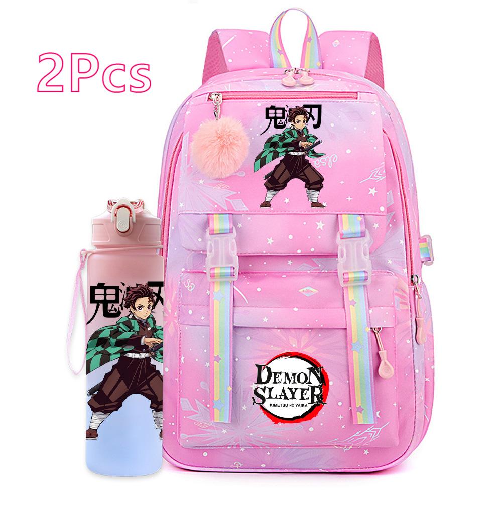 2Pcs/set Anime Cartoon Demon Slayer Printed Backpack with 750Ml Water Bottler for Teenager Bookbag Large Capacity Waterproof Travel Bag Gift