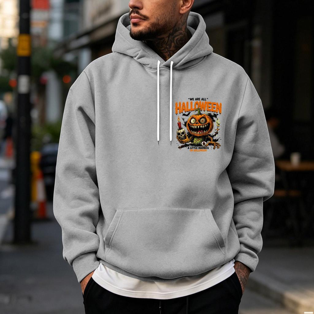 Men's Halloween Print Pullover Hoodie for Holiday Party and Cold