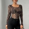 Style européen et américain automne nouveau vêtements pour femmes imprimé léopard maille perspective col rond manches longues haut T-shirt coupe ajustée